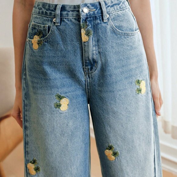 Blue Casual Women's Embroidered Loose Straight-Wide Leg Jeans with Pockets - Picture 7 of 8